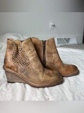 Bed Stu Tan Distressed Leather Wedge Ankle Booties